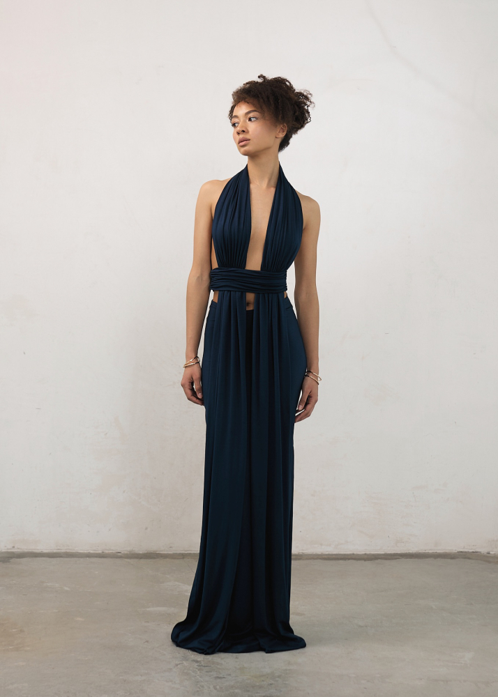 Платье макси с акцентной линией талии синее ALÁBEL