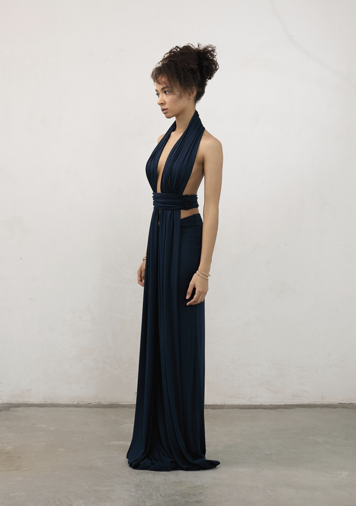 Платье макси с акцентной линией талии синее ALÁBEL