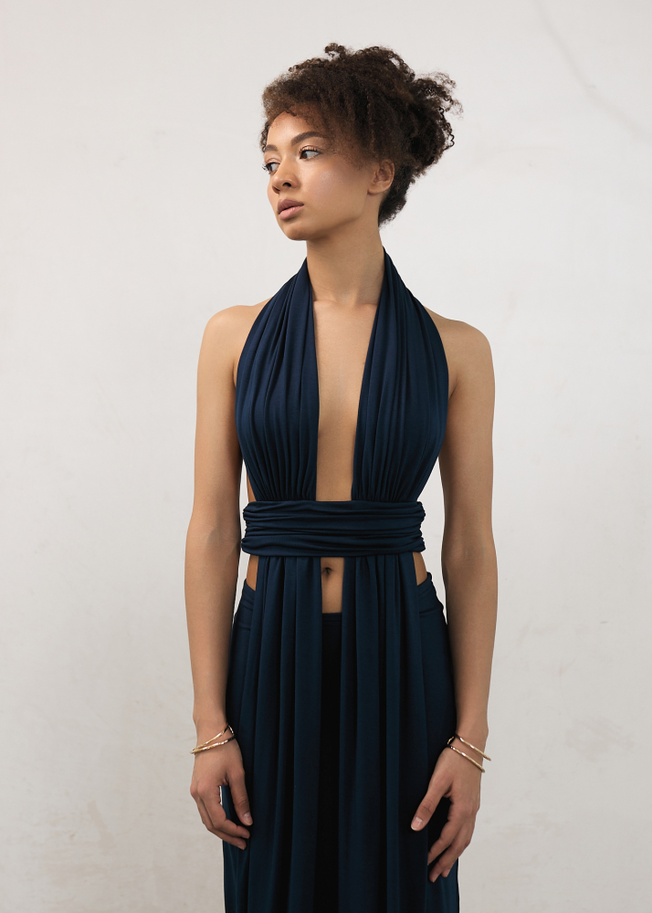 Платье макси с акцентной линией талии синее ALÁBEL