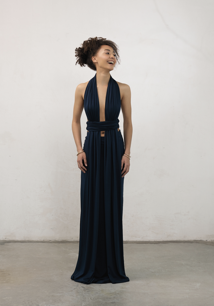 Платье макси с акцентной линией талии синее ALÁBEL